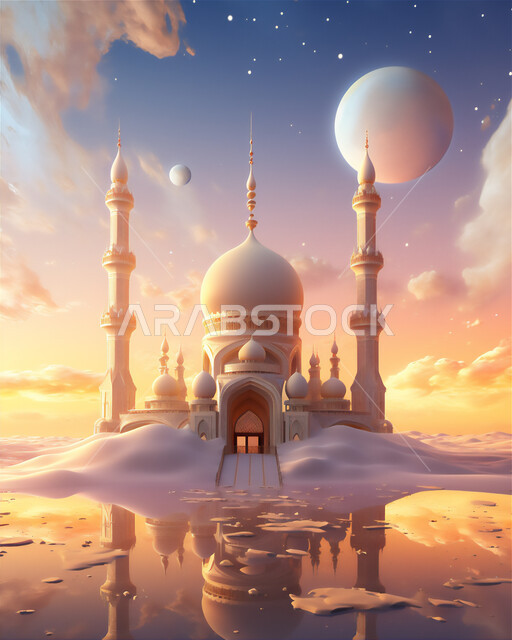 تصاميم قبب و مآذن المساجد على الطراز العربي القديم, أماكن و معالم دينية إسلامية مقدسة, أداء فرائض و صلوات الدين الإسلامي, رسم ثلاثي الأبعاد لمسجد عربي فاخر, خلفية القمر في السماء