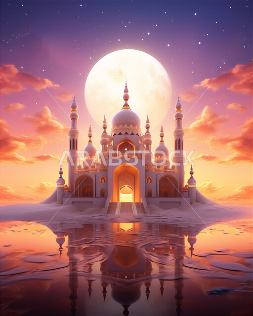 رسم ثلاثي الأبعاد لمسجد عربي فاخر, تصاميم قبب و مآذن المساجد على الطراز العربي القديم, أماكن و معالم دينية إسلامية مقدسة, أداء فرائض و صلوات الدين الإسلامي, خلفية القمر في السماء