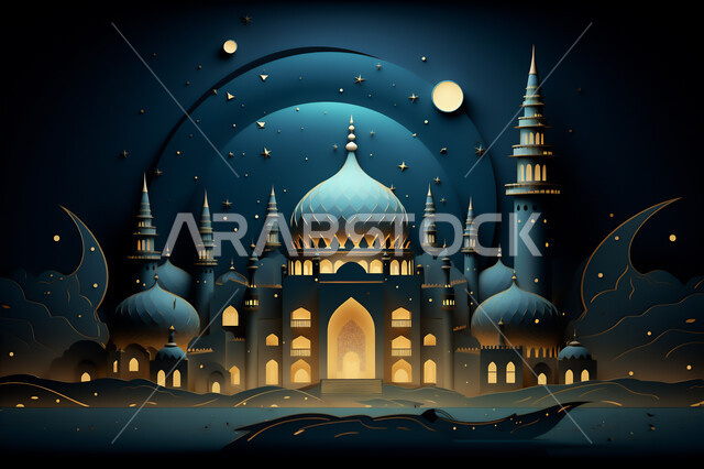 الديكورات والتصاميم الهندسية المعمارية لبناء المساجد في المملكة العربية السعودية، معالم وأماكن لأداء فرائض الإسلام، المآذن والقبب على الطراز العربي الإسلامي، رسم ثلاثي الأبعاد لمسجد فاخر, خلفيات دينية إسلامية