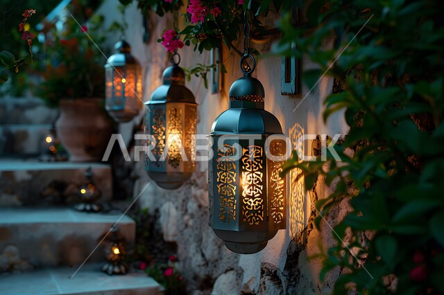 ديكورات وأنوار الأجواء الرمضانية الروحانية، فوانيس و تحف تقليدية للاحتفال بقدوم شهر الخير, المناسبات والأعياد الدينية الإسلامية, فانوس عربي معدني مزخرف مضيء معلق، المناظر الطبيعية المتميزة