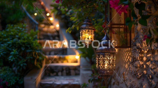 ديكورات وأنوار الأجواء الرمضانية الروحانية، فوانيس و تحف تقليدية للاحتفال بقدوم شهر الخير, المناسبات والأعياد الدينية الإسلامية, فانوس عربي معدني مزخرف مضيء معلق، المناظر الطبيعية المتميزة