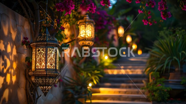 ديكورات وأنوار الأجواء الرمضانية الروحانية، فوانيس و تحف تقليدية للاحتفال بقدوم شهر الخير, المناسبات والأعياد الدينية الإسلامية, فانوس عربي معدني مزخرف مضيء معلق، المناظر الطبيعية المتميزة