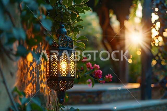فانوس عربي معدني مزخرف مضيء معلق، ديكورات وأنوار الأجواء الرمضانية الروحانية، فوانيس و تحف تقليدية للاحتفال بقدوم شهر الخير, المناسبات والأعياد الدينية الإسلامية, المناظر الطبيعية المتميزة