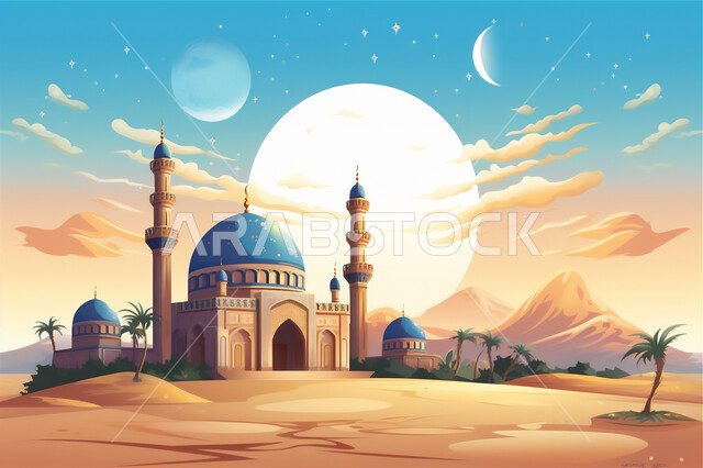 أماكن و معالم دينية إسلامية مقدسة, التقرب إلى الله تعالى بالعبادة و الصلاة, المآذن والقبب على الطراز العربي الإسلامي، رسم ثلاثي الأبعاد لمسجد فاخر, الديكورات والتصاميم الهندسية المعمارية لبناء المساجد، خلفية الطبيعة