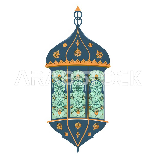 ديكورات الأجواء الرمضانية الروحانية، فوانيس و تحف تقليدية للاحتفال بقدوم شهر الخير, المناسبات والأعياد الدينية الإسلامية, رسوم توضيحية لفانوس عربي مزخرف باللون الأزرق، خلفية بيضاء
