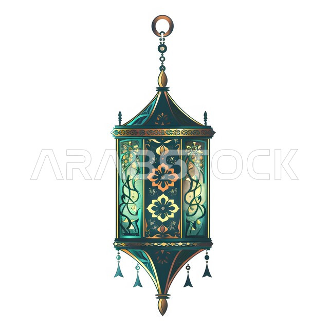 ديكورات الأجواء الرمضانية الروحانية، فوانيس و تحف تقليدية للاحتفال بقدوم شهر الخير, المناسبات والأعياد الدينية الإسلامية, رسوم توضيحية لفانوس عربي مزخرف باللون الأزرق، خلفية بيضاء