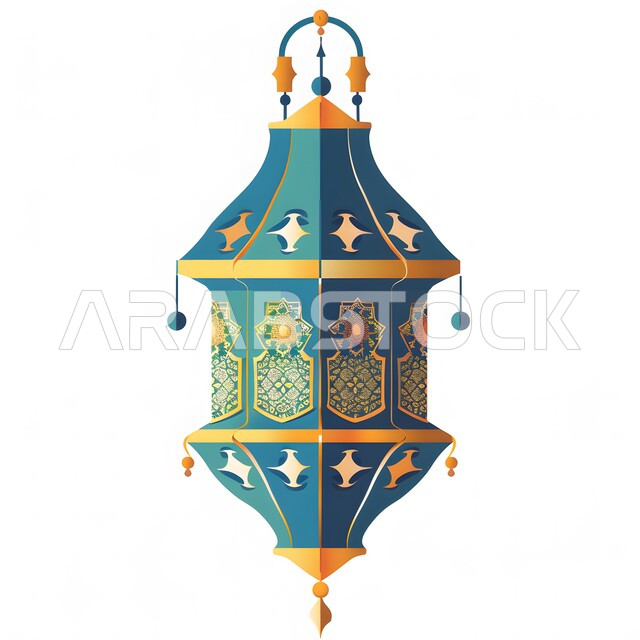 ديكورات الأجواء الرمضانية الروحانية، فوانيس و تحف تقليدية للاحتفال بقدوم شهر الخير, المناسبات والأعياد الدينية الإسلامية, رسوم توضيحية لفانوس عربي مزخرف باللون الأزرق، خلفية بيضاء
