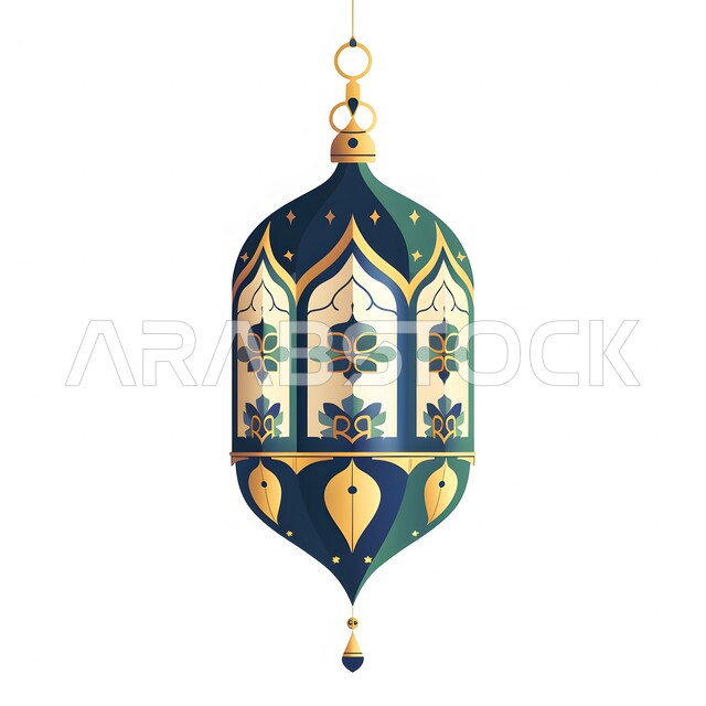 المناسبات والأعياد الدينية الإسلامية, فوانيس و تحف تقليدية للاحتفال بقدوم شهر الخير, ديكورات الأجواء الرمضانية الروحانية، رسوم توضيحية لفانوس عربي مزخرف باللون الأزرق، خلفية بيضاء