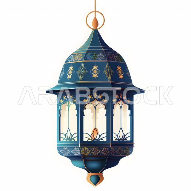 Islamic religious occasions and holidays, traditional lanterns and artifacts to celebrate the coming of the month of goodness, decorations for the spiritual Ramadan atmosphere, illustrations of an Arabic lantern decorated in blue, a white background