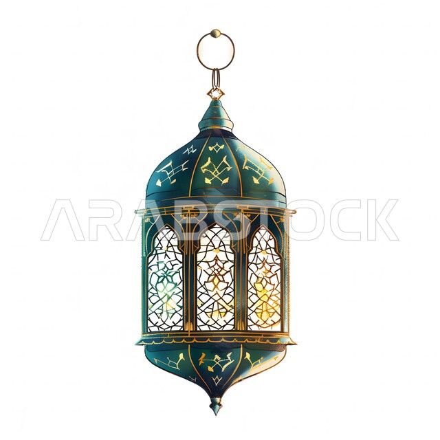 المناسبات والأعياد الدينية الإسلامية, فوانيس و تحف تقليدية للاحتفال بقدوم شهر الخير, ديكورات الأجواء الرمضانية الروحانية، رسوم توضيحية لفانوس عربي مزخرف باللون الأزرق، خلفية بيضاء