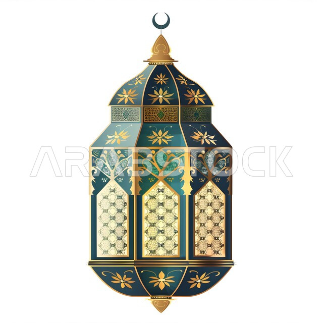 المناسبات والأعياد الدينية الإسلامية, فوانيس و تحف تقليدية للاحتفال بقدوم شهر الخير, ديكورات الأجواء الرمضانية الروحانية، رسوم توضيحية لفانوس عربي مزخرف باللون الأزرق، خلفية بيضاء