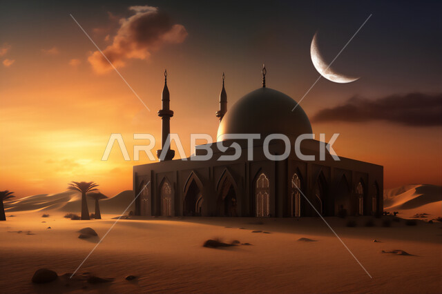 الفن الهندسي المعماري لبناء المساجد, منظر القمر في السماء, أماكن و معالم دينية إسلامية, رسم ثلاثي الأبعاد لمسجد في الصحراء, تصاميم و ديكورات القبب و المآذن على الطراز الإسلامي, خلفية الطبيعة