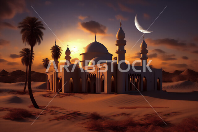 تصاميم و ديكورات القبب و المآذن على الطراز الإسلامي, الفن الهندسي المعماري لبناء المساجد, منظر القمر في السماء, أماكن و معالم دينية إسلامية, رسم ثلاثي الأبعاد لمسجد في الصحراء, خلفية الطبيعة