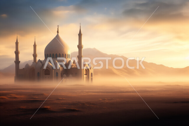 تصميم المآذن و القبب على الطراز العربي الإسلامي, ديكورات مساجد مميزة, أماكن الصلاة و التقرب إلى الله, معالم دينية إسلامية مقدسة, رسم ثلاثي الأبعاد لمسجد فاخر, خلفية الغيوم في السماء
