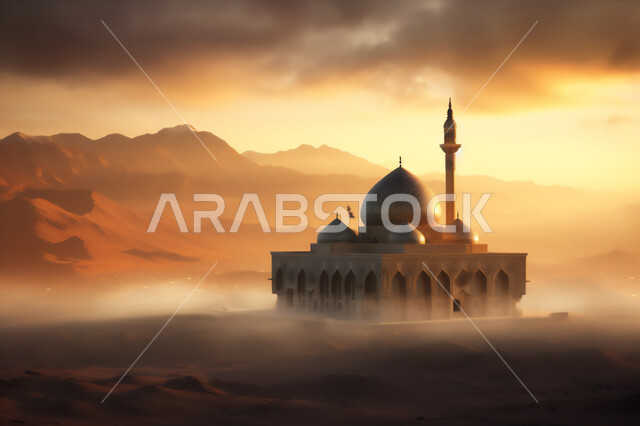 رسم ثلاثي الأبعاد لمسجد فاخر, تصميم المآذن و القبب على الطراز العربي الإسلامي, ديكورات مساجد مميزة, أماكن الصلاة و التقرب إلى الله, معالم دينية إسلامية مقدسة, خلفية الغيوم في السماء