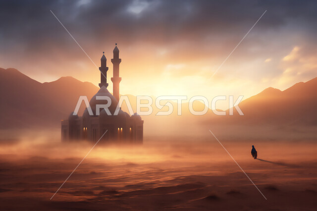 معالم دينية إسلامية مقدسة, رسم ثلاثي الأبعاد لمسجد فاخر, تصميم المآذن و القبب على الطراز العربي الإسلامي, ديكورات مساجد مميزة, أماكن الصلاة و التقرب إلى الله, خلفية الغيوم في السماء