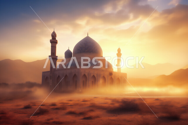 أماكن الصلاة و التقرب إلى الله, معالم دينية إسلامية مقدسة, رسم ثلاثي الأبعاد لمسجد فاخر, تصميم المآذن و القبب على الطراز العربي الإسلامي, ديكورات مساجد مميزة, خلفية الغيوم في السماء