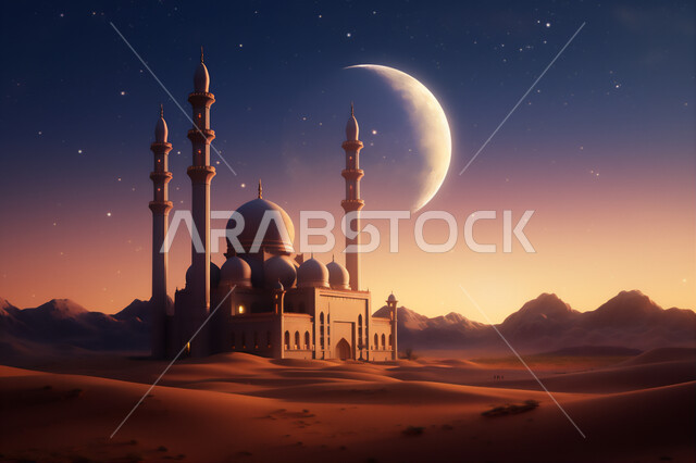 أماكن و معالم دينية إسلامية, رسم ثلاثي الأبعاد لمسجد في الصحراء, تصاميم و ديكورات القبب و المآذن على الطراز الإسلامي, الفن الهندسي المعماري لبناء المساجد, منظر القمر في السماء, خلفية الطبيعة