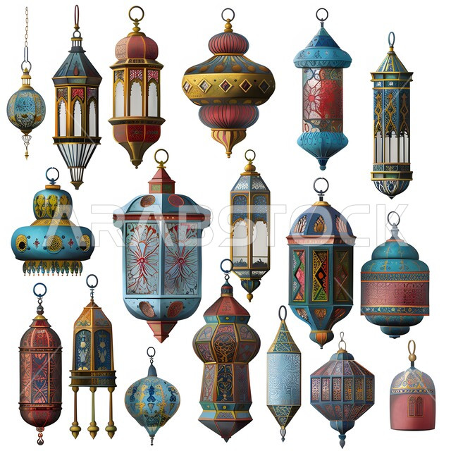 المناسبات والأعياد الدينية الإسلامية, ديكورات الأجواء الرمضانية الروحانية، مجموعة متنوعة من الفوانيس و التحف التقليدية للاحتفال بقدوم شهر الخير, رسوم توضيحية لفانوس عربي مزخرف باللون الأزرق، خلفية بيضاء