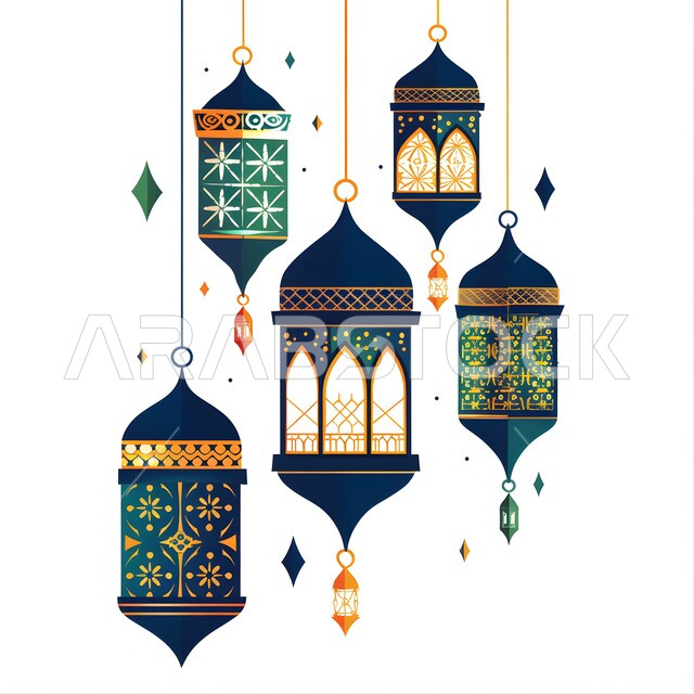 المناسبات والأعياد الدينية الإسلامية, ديكورات الأجواء الرمضانية الروحانية، مجموعة متنوعة من الفوانيس و التحف التقليدية للاحتفال بقدوم شهر الخير, رسوم توضيحية لفانوس عربي مزخرف باللون الأزرق، خلفية بيضاء