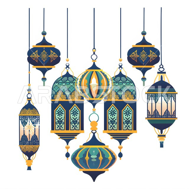 المناسبات والأعياد الدينية الإسلامية, ديكورات الأجواء الرمضانية الروحانية، مجموعة متنوعة من الفوانيس و التحف التقليدية للاحتفال بقدوم شهر الخير, رسوم توضيحية لفانوس عربي مزخرف باللون الأزرق، خلفية بيضاء