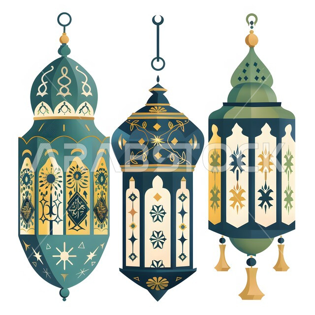 المناسبات والأعياد الدينية الإسلامية, ديكورات الأجواء الرمضانية الروحانية، مجموعة متنوعة من الفوانيس و التحف التقليدية للاحتفال بقدوم شهر الخير, رسوم توضيحية لفانوس عربي مزخرف باللون الأزرق، خلفية بيضاء