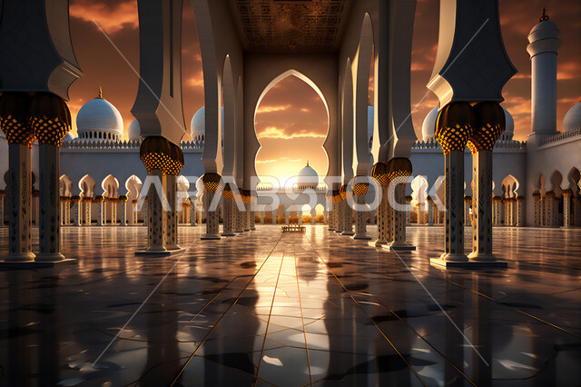 تصاميم الأعمدة والأقواس على الطراز الإسلامي، الديكورات الداخلية الأنيقة للجوامع, رسم ثلاثي الأبعاد لمسجد فاخر, الفن الهندسي المعماري لبناء المساجد