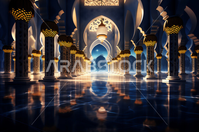 الفن الهندسي المعماري لبناء المساجد، تصاميم الأعمدة والأقواس على الطراز الإسلامي، الديكورات الداخلية الأنيقة للجوامع, رسم ثلاثي الأبعاد لمسجد فاخر