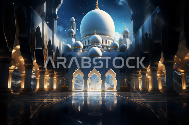 أماكن و معالم دينية إسلامية مقدسة, رسم ثلاثي الأبعاد لمسجد فاخر, الفن الهندسي المعماري لبناء المساجد، تصاميم الأعمدة والأقواس على الطراز الإسلامي، الديكورات الأنيقة للقبب و المآذن