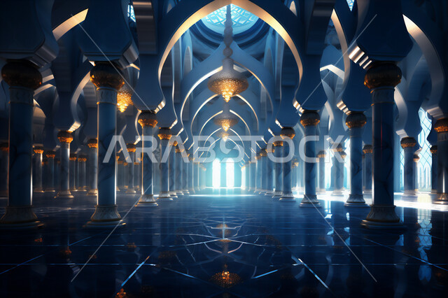 رسم ثلاثي الأبعاد لمسجد فاخر, الفن الهندسي المعماري لبناء المساجد، تصاميم الأعمدة والأقواس على الطراز الإسلامي، الديكورات الداخلية الأنيقة للجوامع