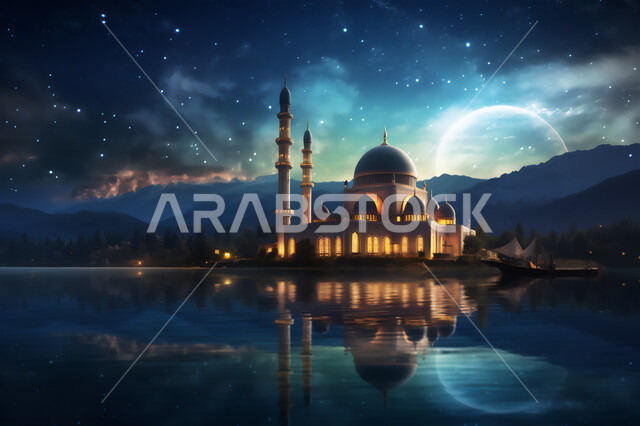 رسم ثلاثي الأبعاد لمسجد مضيء في و قت الليل, منظر انعكاس صورة الجامع على المياه, معالم إسلامية مقدسة, أماكن لأداء الفرائض الدينية, الفن الهندسي و المعماري لبناء المساجد, خلفية الطبيعة