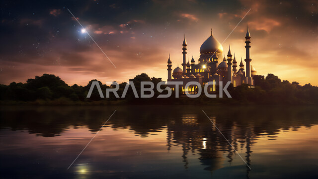 الفن الهندسي و المعماري لبناء المساجد, رسم ثلاثي الأبعاد لمسجد مضيء في و قت الليل, منظر انعكاس صورة الجامع على المياه, معالم إسلامية مقدسة, أماكن لأداء الفرائض الدينية, خلفية الطبيعة
