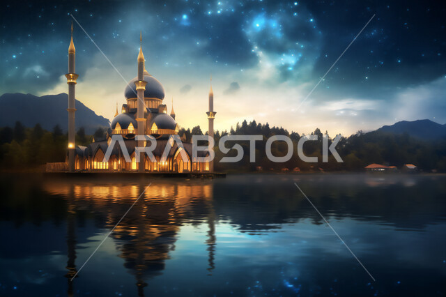 أماكن لأداء الفرائض الدينية, الفن الهندسي و المعماري لبناء المساجد, رسم ثلاثي الأبعاد لمسجد مضيء في و قت الليل, منظر انعكاس صورة الجامع على المياه, معالم إسلامية مقدسة, خلفية الطبيعة