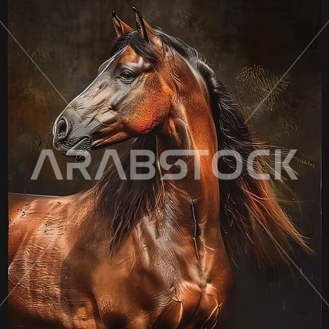 مزرعة لتربية وتدريب وترويض الخيول, إسطبل لرعاية الأحصنة، المحميات الطبيعية في المملكة العربية السعودية للاهتمام والعناية بالجياد، صورة مقربة لخيل عربي أصيل بني اللون، خلفية سوداء