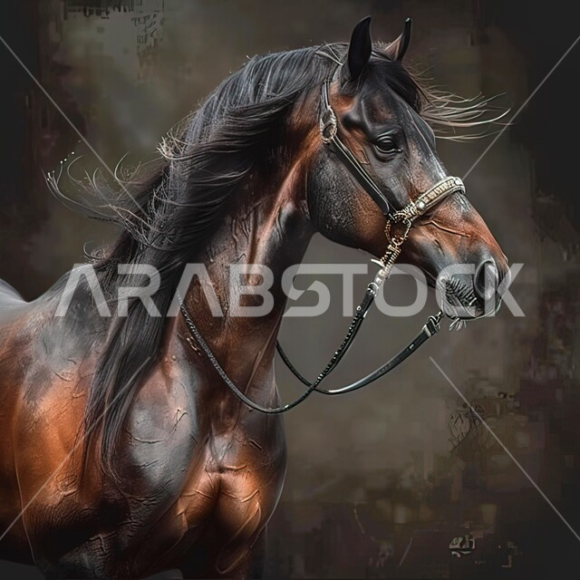 إسطبل لرعاية الأحصنة، مزرعة لتربية وتدريب وترويض الخيول، المحميات الطبيعية في المملكة العربية السعودية للاهتمام والعناية بالجياد، صورة مقربة لخيل عربي أصيل بني اللون، خلفية سوداء