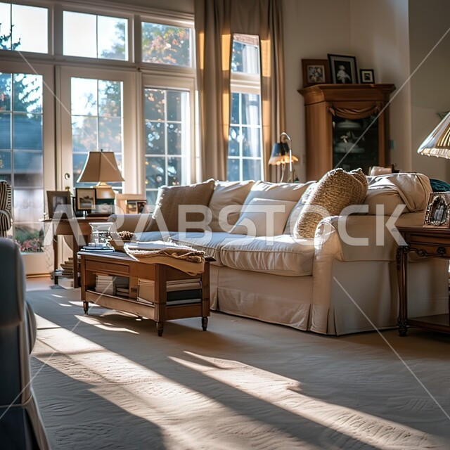 ديكورات وتصاميم داخلية راقية, غرفة معيشة بأثاث أنيق و واجهة زجاجية مطلة على الأشجار, فنون الهندسة المعمارية والديكور على الطراز الحديث، شقق وفلل سكنية فاخرة في المملكة العربية السعودية