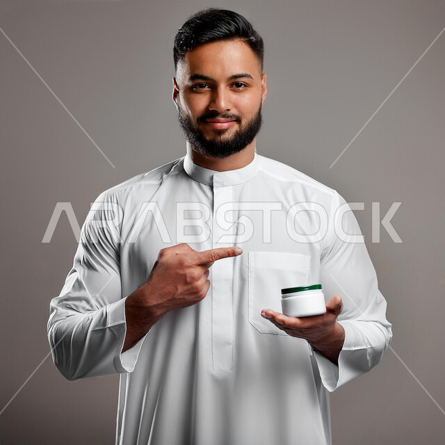 استخدام الكريمات ومكونات التجميل الشبابية، مفهوم العناية والاهتمام بنضارة البشرة وتحسينها، النظر إلى الكاميرا بايماءات السعادة والسرور، صورة مقربة لرجل عربي خليجي سعودي يرتدي الثوب التقليدي يحمل بيده عبوة لكريم مرطب، خلفية رمادية