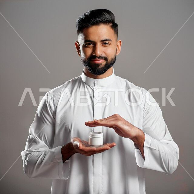 النظر إلى الكاميرا بايماءات السعادة والسرور، مفهوم العناية والاهتمام بنضارة البشرة وتحسينها، استخدام الكريمات ومكونات التجميل الشبابية، صورة مقربة لرجل عربي خليجي سعودي يرتدي الثوب التقليدي يحمل بيده عبوة لكريم مرطب، خلفية رمادية