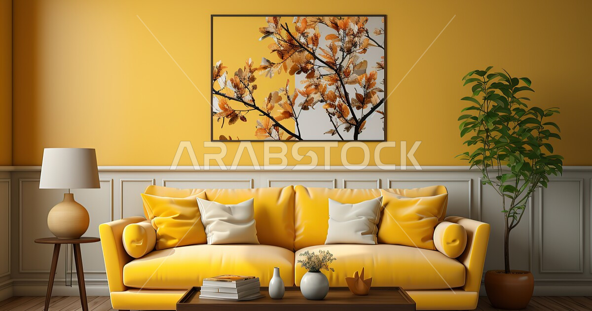 A living room with modern contemporary designs, a yellow sitting room