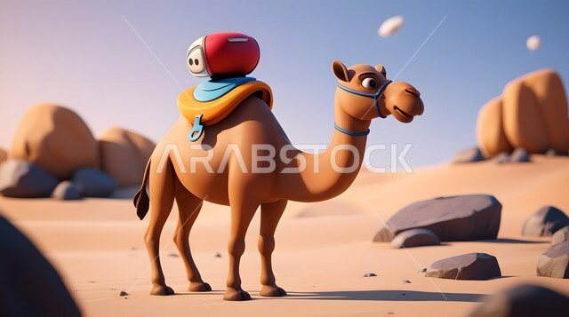 Raising livestock and animals in natural reserves, a three-dimensional model of a camel walking in the desert areas in the Kingdom of Saudi Arabia, the ship of the desert camel walking on soft golden sand
