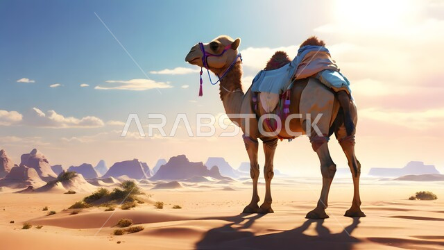Raising livestock and animals in natural reserves, a three-dimensional model of a camel walking in the desert areas in the Kingdom of Saudi Arabia, the ship of the desert camel walking on soft golden sand