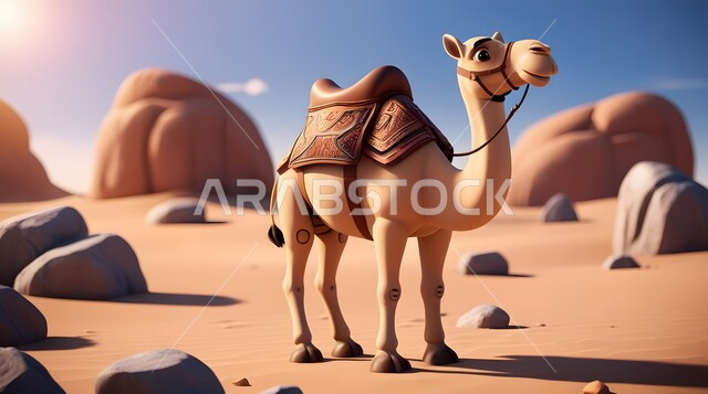 تربية المواشي والحيوانات في المحميات الطبيعيه, مجسم ثلاثي الأبعاد لجمل يسير في المناطق الصحراوية في المملكة العربية السعودية، حيوان الإبل سفينة الصحراء يمشي على الرمال الذهبية الناعمة 