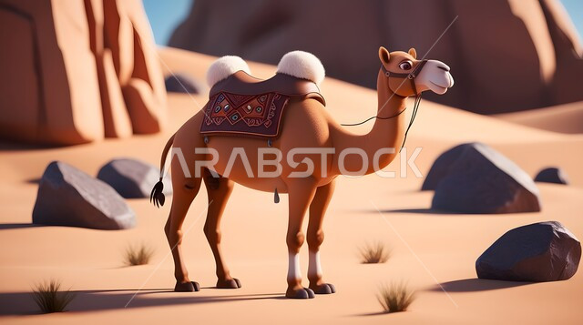 Raising livestock and animals in natural reserves, a three-dimensional model of a camel walking in the desert areas in the Kingdom of Saudi Arabia, the ship of the desert camel walking on soft golden sand