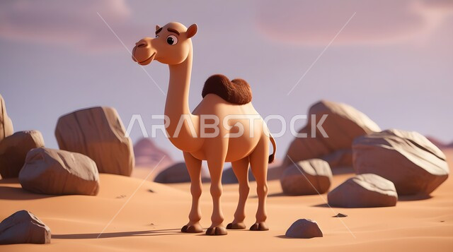 تربية المواشي والحيوانات في المحميات الطبيعيه, مجسم ثلاثي الأبعاد لجمل يسير في المناطق الصحراوية في المملكة العربية السعودية، حيوان الإبل سفينة الصحراء يمشي على الرمال الذهبية الناعمة 