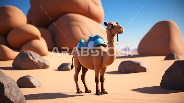  حيوان الإبل سفينة الصحراء يمشي على الرمال الذهبية الناعمة، تربية المواشي والحيوانات في المحميات الطبيعيه, مجسم ثلاثي الأبعاد لجمل يسير في المناطق الصحراوية في المملكة العربية السعودية