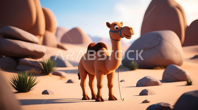  حيوان الإبل سفينة الصحراء يمشي على الرمال الذهبية الناعمة، تربية المواشي والحيوانات في المحميات الطبيعيه, مجسم ثلاثي الأبعاد لجمل يسير في المناطق الصحراوية في المملكة العربية السعودية