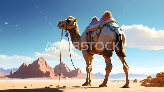  حيوان الإبل سفينة الصحراء يمشي على الرمال الذهبية الناعمة، تربية المواشي والحيوانات في المحميات الطبيعيه, مجسم ثلاثي الأبعاد لجمل يسير في المناطق الصحراوية في المملكة العربية السعودية