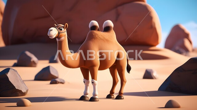 مجسم ثلاثي الأبعاد لجمل يسير في المناطق الصحراوية في المملكة العربية السعودية، حيوان الإبل سفينة الصحراء يمشي على الرمال الذهبية الناعمة، تربية المواشي والحيوانات في المحميات الطبيعيه