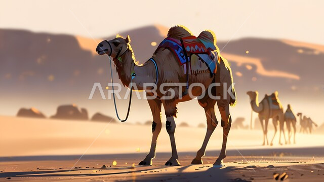 مجسم ثلاثي الأبعاد لجمل يسير في المناطق الصحراوية في المملكة العربية السعودية، حيوان الإبل سفينة الصحراء يمشي على الرمال الذهبية الناعمة، تربية المواشي والحيوانات في المحميات الطبيعيه