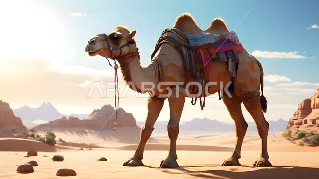 مجسم ثلاثي الأبعاد لجمل يسير في المناطق الصحراوية في المملكة العربية السعودية، حيوان الإبل سفينة الصحراء يمشي على الرمال الذهبية الناعمة، تربية المواشي والحيوانات في المحميات الطبيعيه